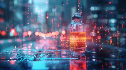 A bottle of medicine is floating with digital digit inside with technology development concept.  