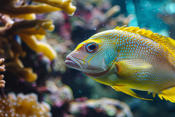 Beautiful colorful fish in an aquarium on the background of corals and sea water, underwater world concept, real photo in the style of an underwater photographer.