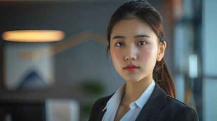 Experience The Confidence Of A Young Asian Businesswoman In The Office, Her Poised Demeanor Reflecting Her Readiness For Challenges