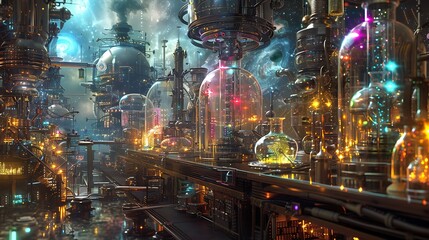 A futuristic cityscape with many buildings and glowing lights