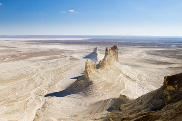 Bozzhira valley pinnacles aerial view, Mangystau region, Kazakhstan. Ak Orpa pinnacles