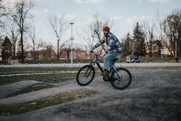 Obraz premium A young man in casual attire riding a bicycle through a park, portraying an active and leisurely lifestyle.