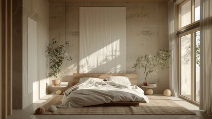 An eco-friendly minimalist bedroom with sustainable materials, natural textiles, and minimalist design elements.