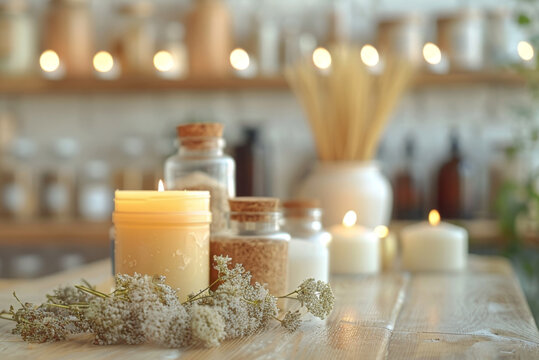soy candle making workshop with materials like soy wax, wicks, and fragrance oils on the table, featured in a banner