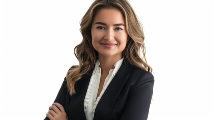 In A Portrait Against A White Background, The Beautiful Businesswoman In A Suit Beams With Gladness And Success