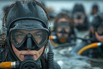 A clear focus on the back of a diver's head showing detailed water droplets against a blurred group of divers