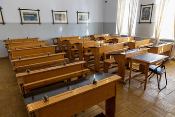 Russia. Ulyanovsk. Desks in the classroom at the Simbirsk Classical Gymnasium Museum