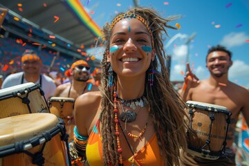 Woman with painted face enjoying carnival with drummers, colorful festival