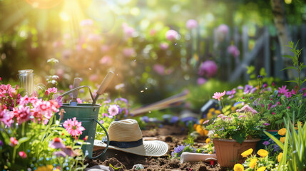 Garden With Flowers and Hat