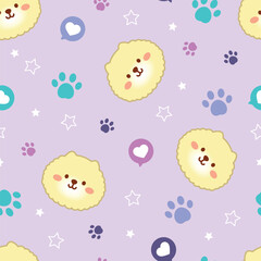 Seamless pattern with cute dogs, stars, message hearts and paws