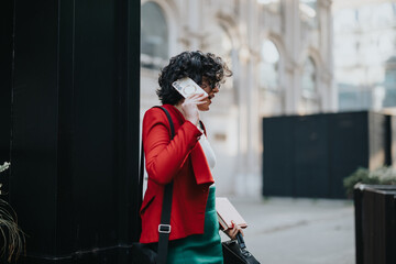 Elegant businesswoman in a red blazer engaged in a phone conversation walking outdoors in an urban...