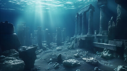 Ancient ruined city with dilapidated buildings, columns and marble statues on sandy bottom of sea. Atlantis submerged,  Blue water, rays of sun through water illuminate city. Result of old tragedy