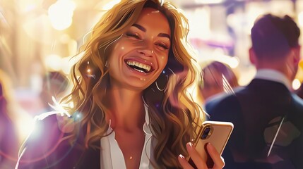 Share In The Joy Of A Businesswoman Who Smiles Upon Winning An Award, Capturing The Moment On Her Mobile Phone