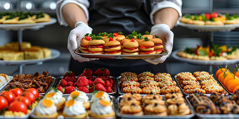 Fototapeta premium A chef is holding a tray of food, including a tray of donuts