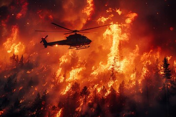 A scene of emergency with a helicopter flying over an intense wildfire engulfing a dense forest