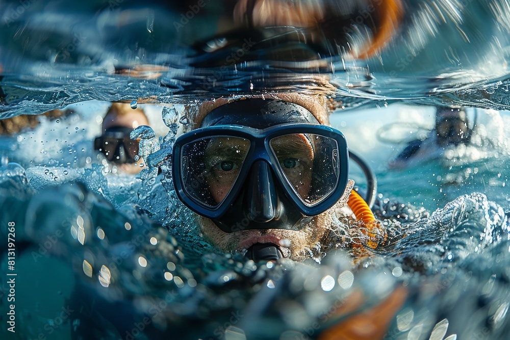 Poster dynamic half underwater shot of a swimmer breaking the surface, creating a splash and ripples