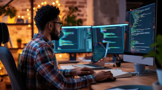 A software developer works on code late into the night, illuminated by the glow of multiple computer screens in a modern office. AIG41