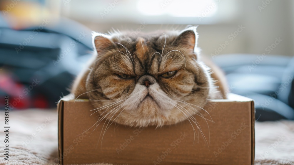 Poster An overweight Exotic Shorthair cat nestled snugly in a small box, its squishy face and round form creating an irresistibly cute sight.