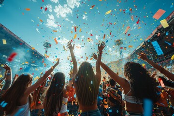 Excited festival crowd with raised hands enjoying confetti shower in broad daylight