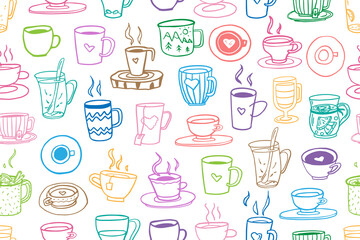 Cute seamless pattern of cups and mugs in doodle style. I love tea, tea time, coffee time, cup of coffee, mug of tea, travel mug. Mug in hand. Hand drawn vector illustration EPS10
