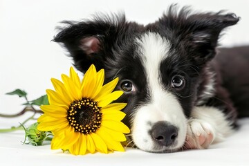 adorable border collie puppy with sunflower cute dog portrait on white background