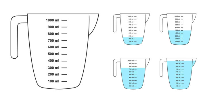 Set of empty and water filled measuring cups with 1 liter volume. Liquid containers for cooking or chemical experiment with fluid capacity scale isolated on white background. Vector flat illustration.