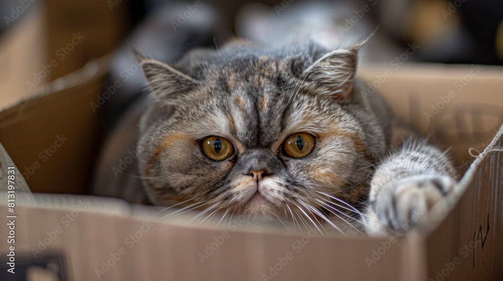 Poster An overweight Exotic Shorthair cat nestled snugly in a small box, its squishy face and round form creating an irresistibly cute sight.