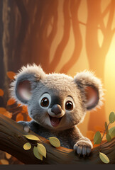 A cheerful koala cub grips a tree branch surrounded by leaves with the warm glow of the setting sun lighting up the forest background - Generative AI