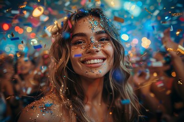 Close-up of a cheerful woman's face with confetti, expressing happiness and celebration