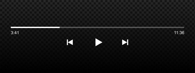 Audio or video player progress loading bar with time slider, play, rewind and fast forward buttons. Element of mediaplayer playback panel interface in mobile app. Vector graphic illustration.