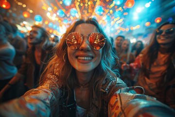 A lively, immersive capture of a person at a joyous event, maintaining privacy with a blurred face, amidst glittery balloons and lights