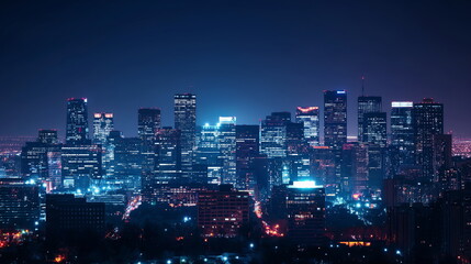 Obraz premium A bustling city skyline glows with life after dusk, showcasing a panorama of illuminated offices and urban glow against the backdrop of a night sky - Generative AI