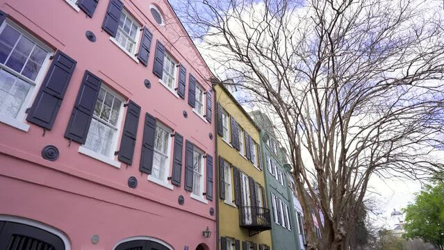 Rainbow Row Street in Charleston South Carolina, USA.