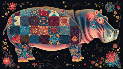 hippopotamus in the art style of bold colors and quilted patterns, whimsical designs,