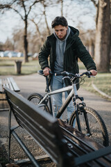 An active man pauses his bike ride to rest on a bench in an urban park setting.