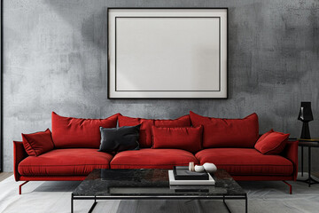 Bold modern design with a cardinal red sofa and a black granite coffee table under a framed mockup on a medium gray wall.