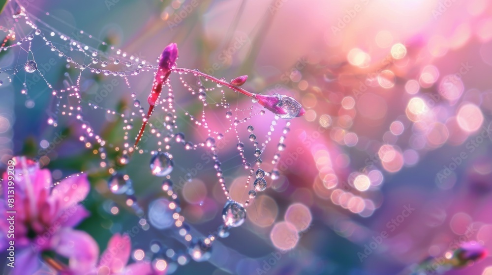 Poster Dewdrops clinging to the edges of a spider's web in the soft light of dawn, showcasing the delicate intricacies of nature's craftsmanship.