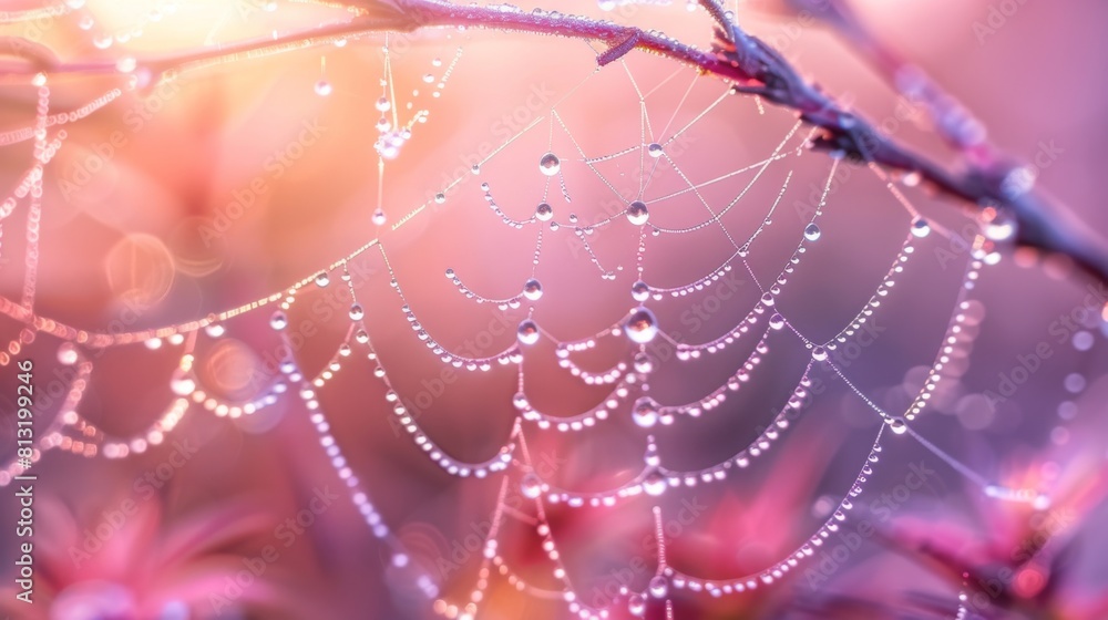 Poster Dewdrops clinging to the edges of a spider's web in the soft light of dawn, showcasing the delicate intricacies of nature's craftsmanship.