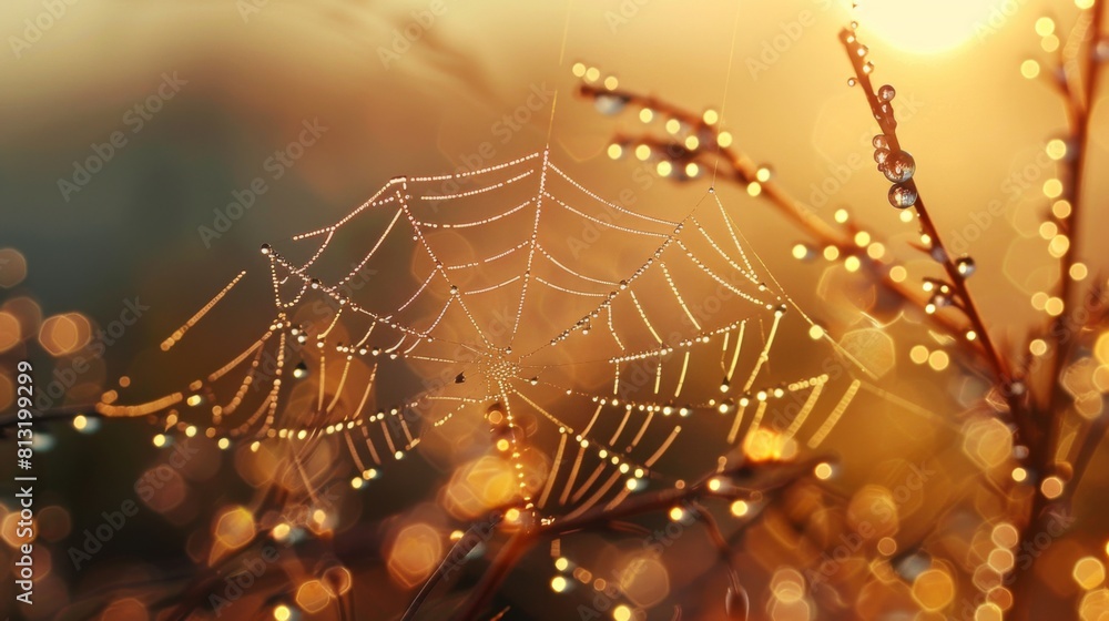 Poster Dewdrops clinging to the edges of a spider's web in the soft light of dawn, showcasing the delicate intricacies of nature's craftsmanship.