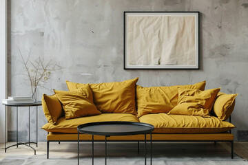 Chic living space with a mustard yellow fabric sofa and a black metal table, complemented by a framed mockup on a soft gray wall.