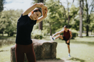 Naklejka premium A woman and a man stretch and perform exercises in a lush park, focusing on their fitness routines on a bright day.