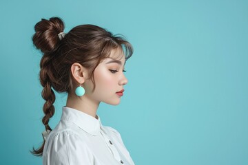 Young woman with double buns and braided ponytail on light blue background. Side profile studio portrait. Contemporary hairstyle and fashion concept. Design for poster, banner.