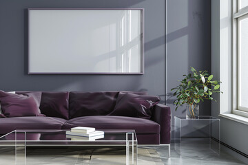 Contemporary home featuring a plum sofa and a clear acrylic coffee table under a realistic frame mockup on a gray painted wall.