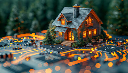 Tiny house glowing on tech motherboard