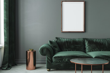 Cozy corner featuring a deep green velvet sofa and a copper side table, with a 3D frame mockup on a gray wall.