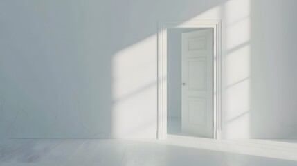 White half-open door and white wall with copy space leading to luminous unknown place