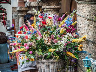 Salzburg, Austria- Aug.31.2011: Flower bouquet in the old town street in Salzburg