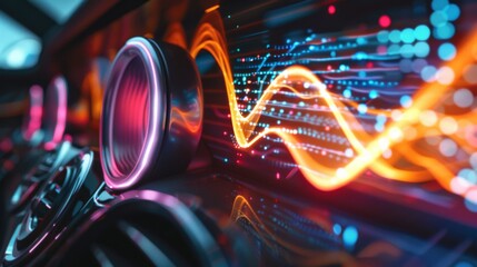 Vibrant sound waves emanating from car speakers, illustrating the immersive audio experience of a premium car audio system.