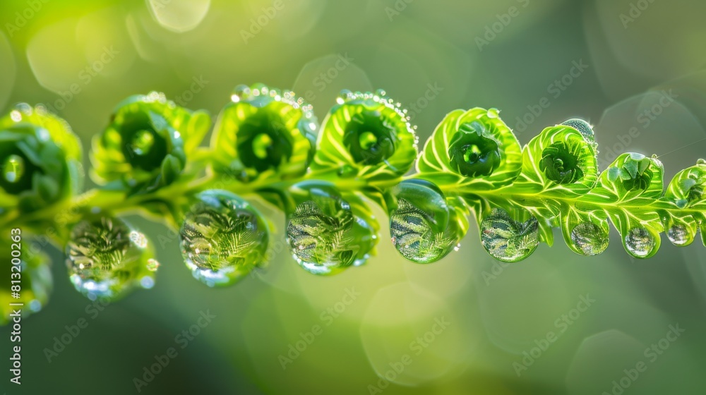 Poster Water droplets caught in the delicate curls of a fern frond, highlighting the intricate patterns and textures of nature.