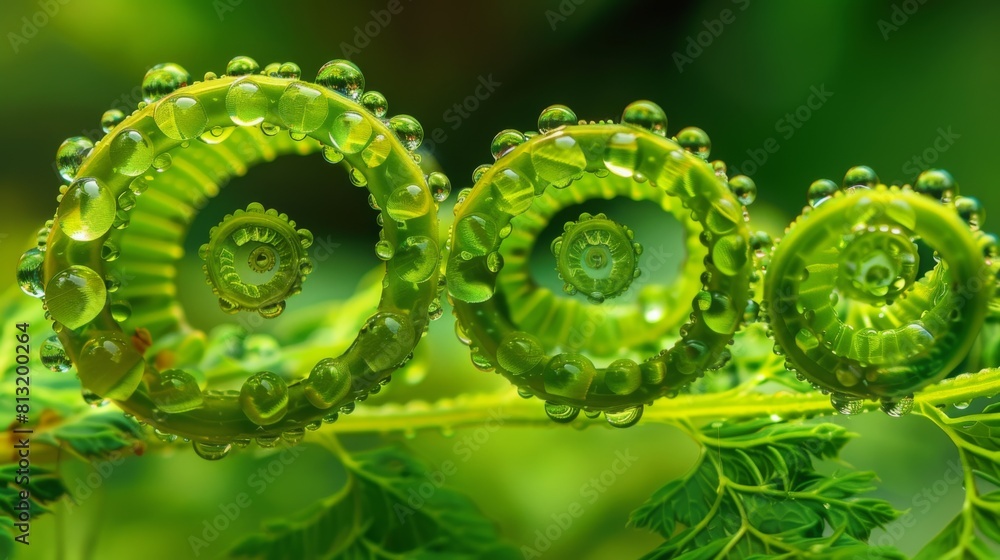 Poster Water droplets caught in the delicate curls of a fern frond, highlighting the intricate patterns and textures of nature.